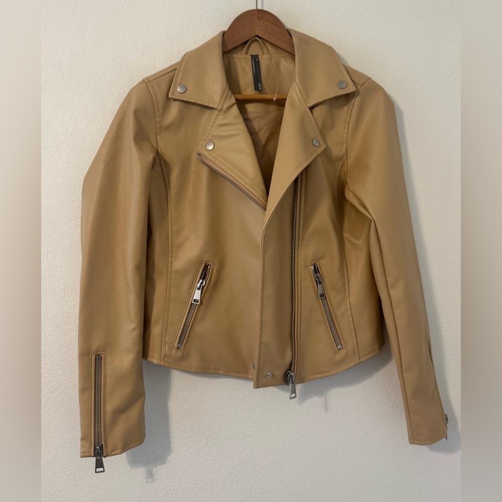 Anthropologie The Saige Faux-Leather Moto Jacket Light Tan Chic Boho XS *Spot*